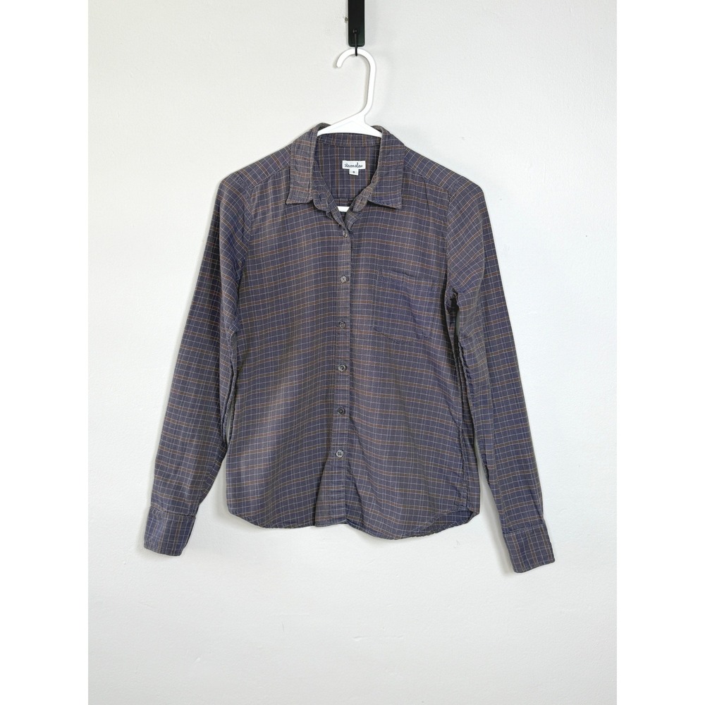 Steven Alan Button Down Shirt S Blue Brown Reverse Seam Plaid Cotton Classic USA